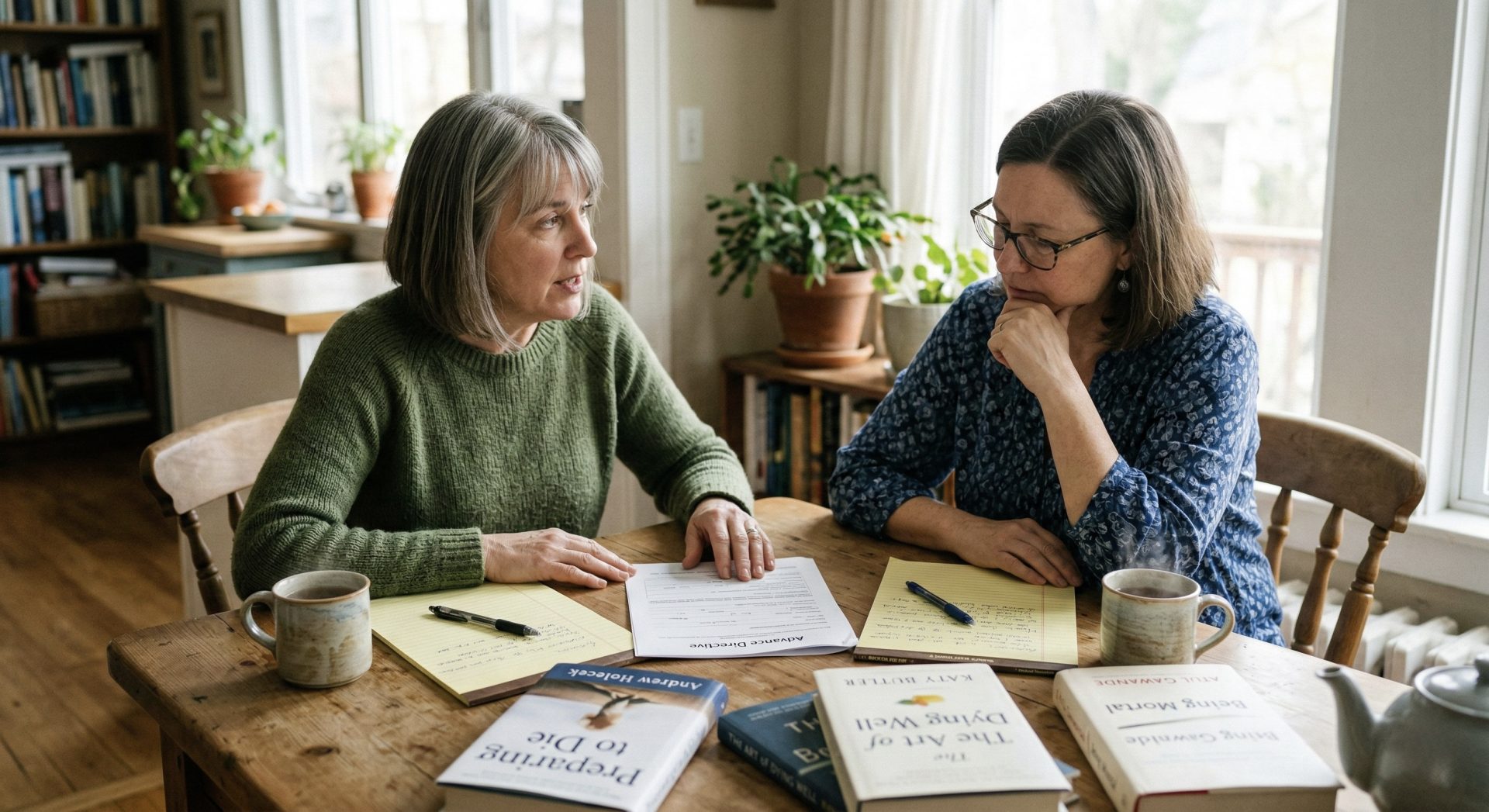 Two women at a kitchen table discussing end of life wishes.