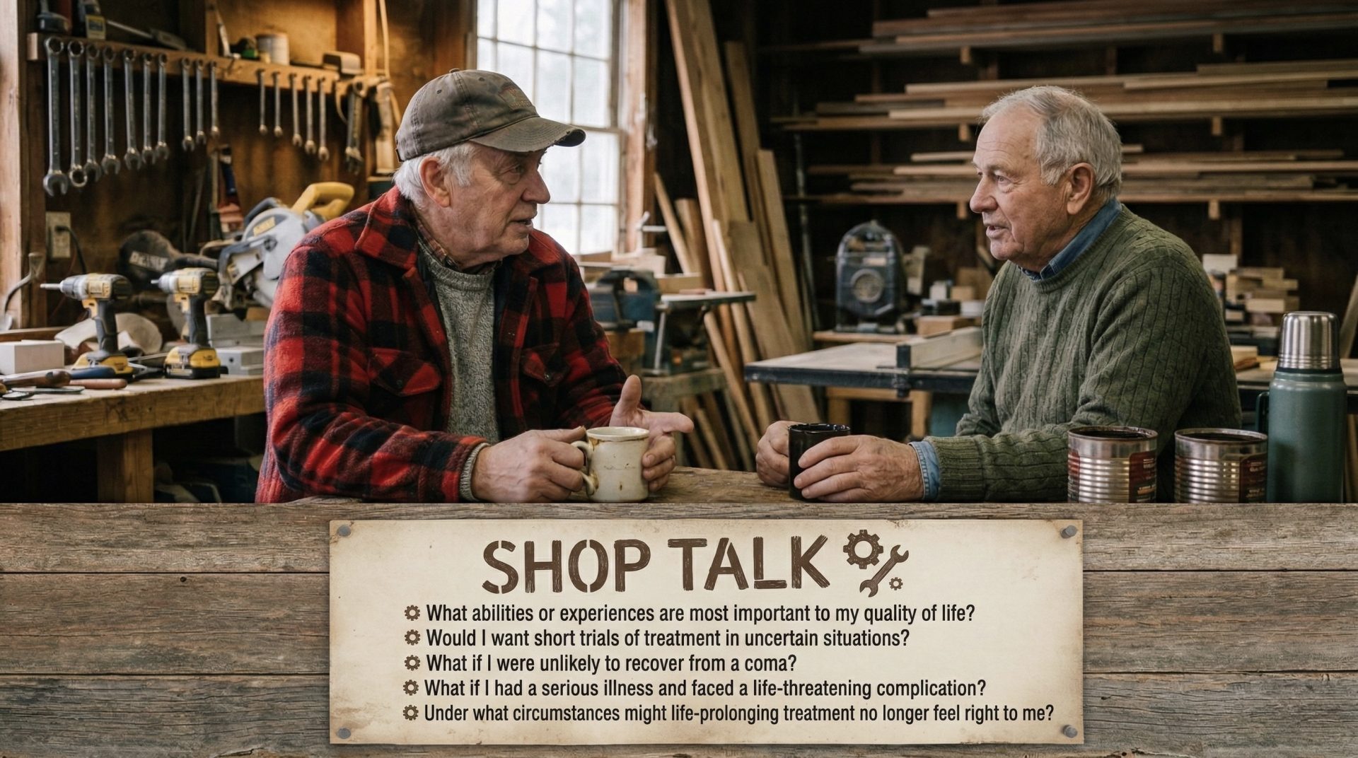 Two friends talking in a wood shop.